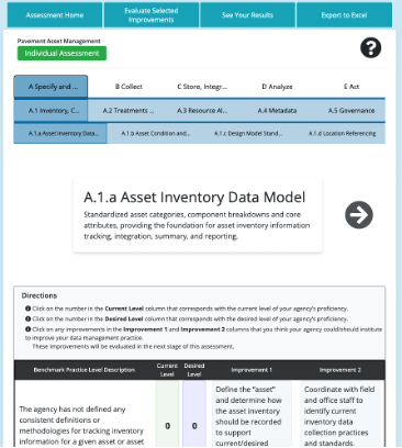 This figure is a screenshot of the online data assessment tool. It shows how users conduct the assessment for each area and topic of the framework.